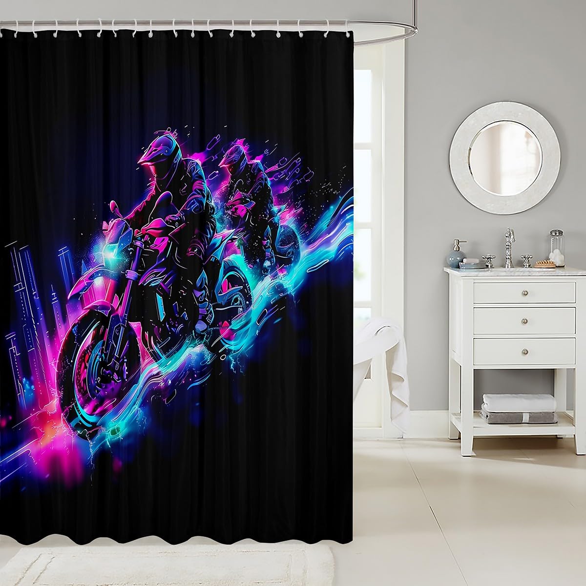 Feelyou Kids Dirt Bike Shower Curtain Racing Motocross Rider Bath Curtain Boys Girls Motorbike Bathroom Shower Curtain Set Extreme Sports Teens Bathroom Accessories Bedroom Decor 72"x78"