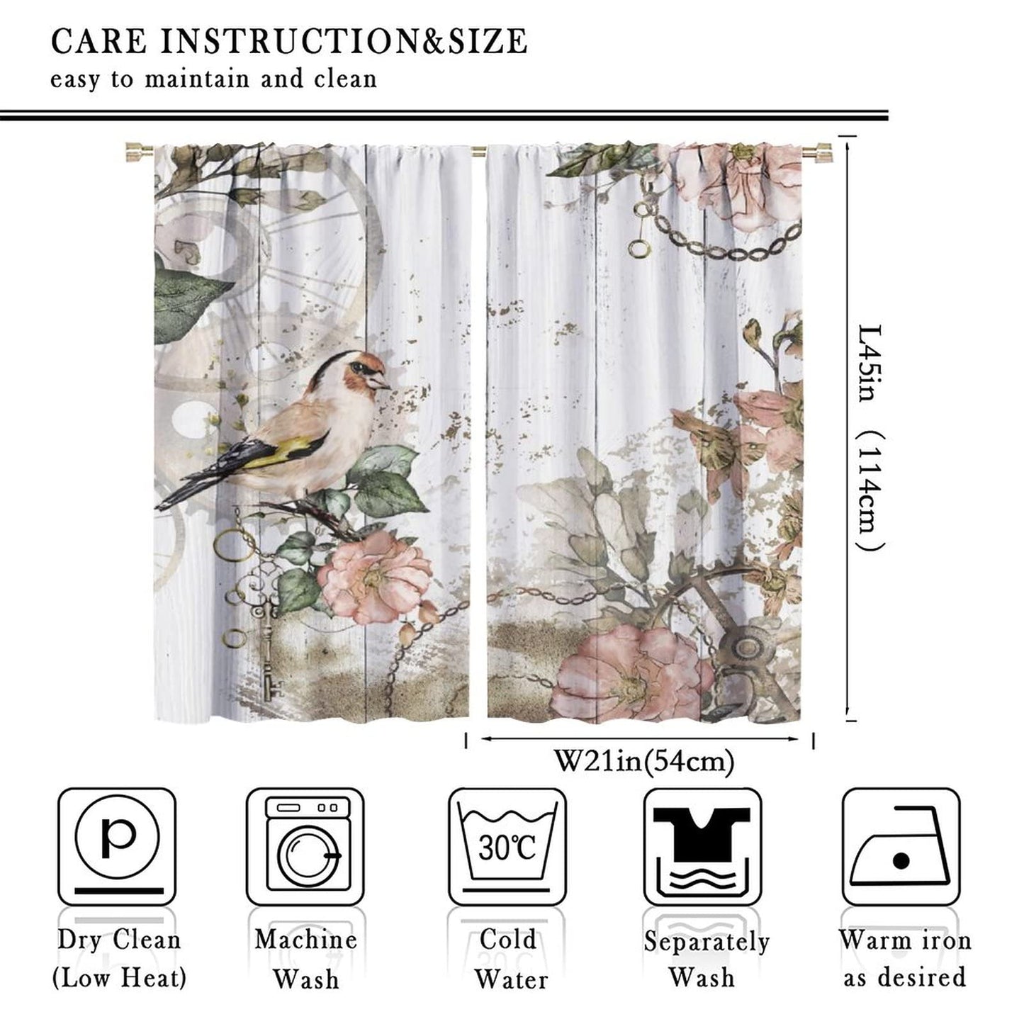 Floral Bird Window Curtains,Vintage Rustic Farmhouse Spring Flower Wooden Background Window Treatments Curtains for Living Room Bedroom Kitchen Bathroom W42xL45in