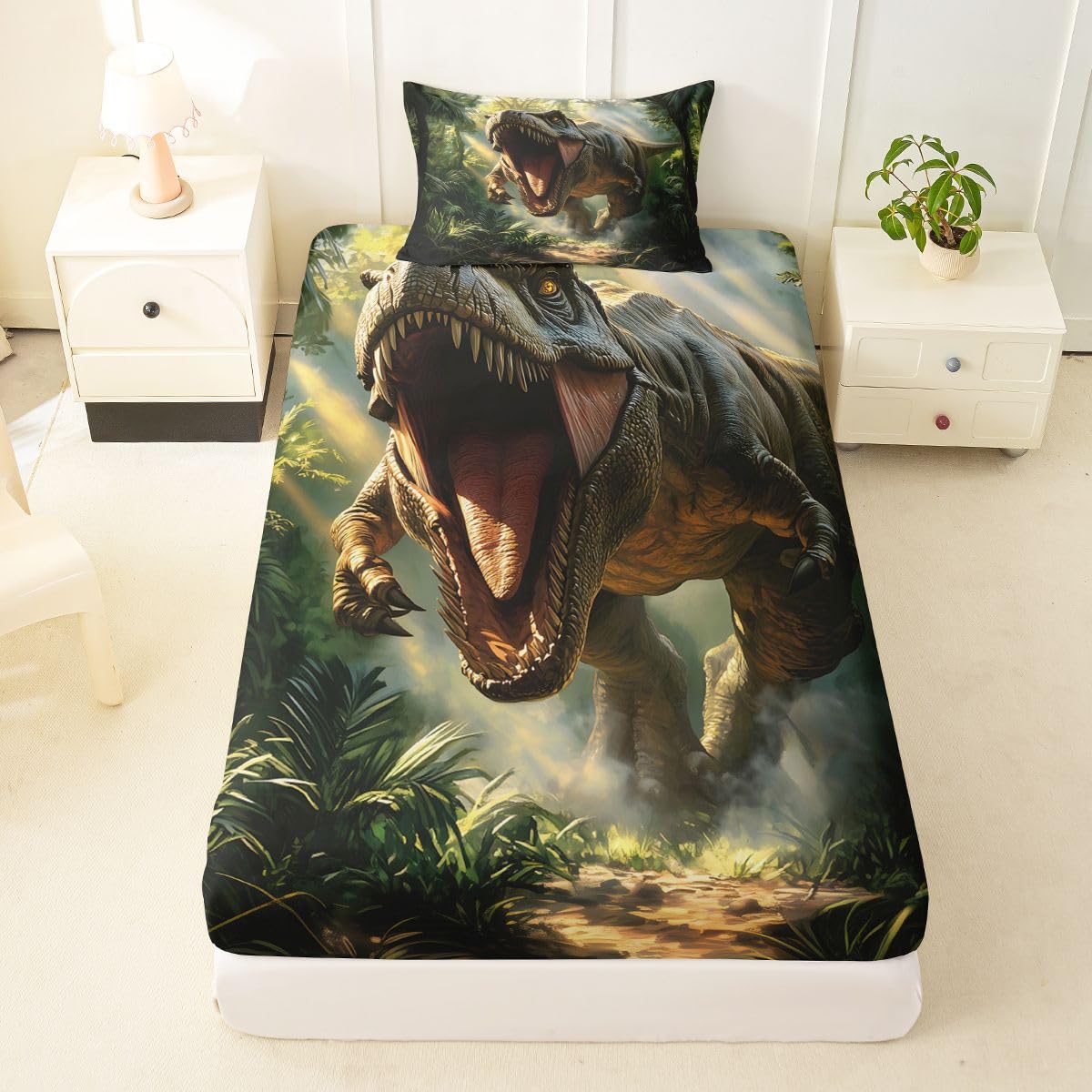 Feelyou Dinosaur Bed Sheets Set Twin Size 3D Digital Print Deep Pocket Fitted Sheet Jungle Dino Bedding Sets Wild Animal Soft Bed Set 3Pcs with 1 Pillow Cases Green Red