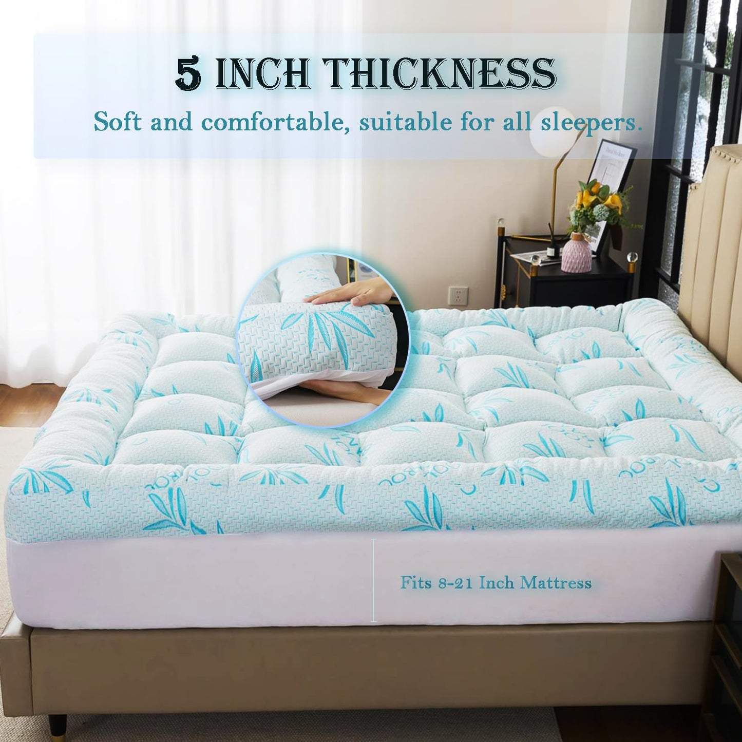 WhatsBedding 5 Inch Queen Mattress Topper Breathable Bamboo Viscose Air Layer,Memory Foam Mattress Topper Queen Size Blue.