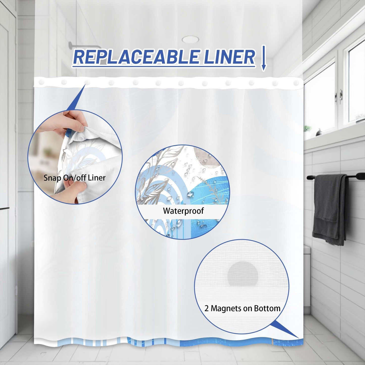 Yieldeer Boho Blue and White Hookless Shower Curtain, 71" W X 74" L