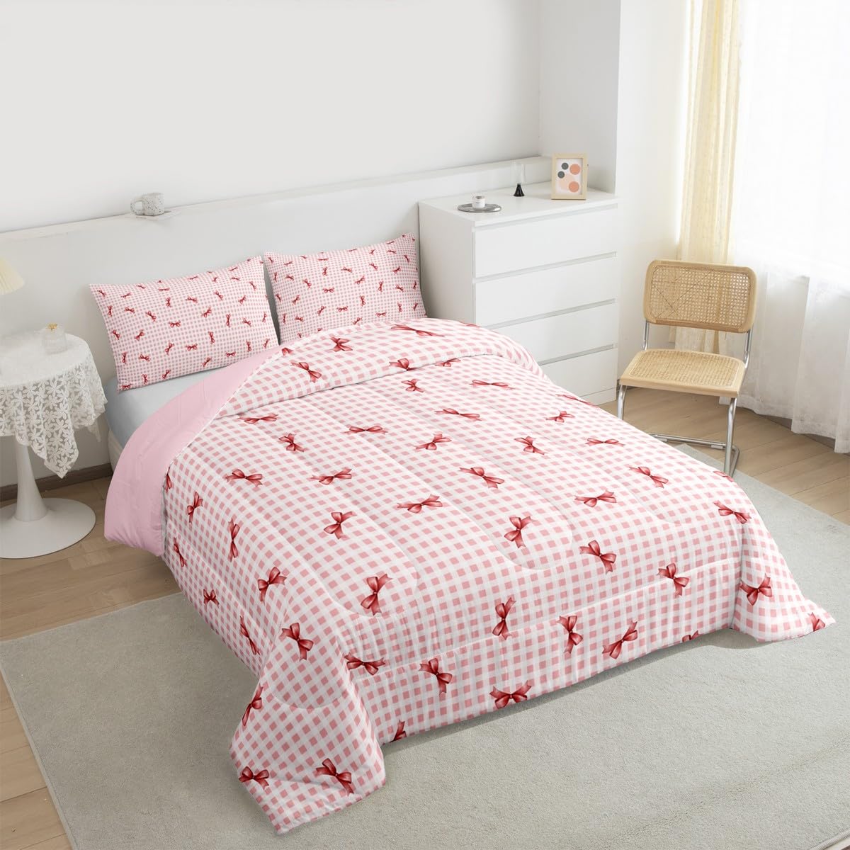 Erosebridal Girls Bow Comforter Set Pink Buffalo Plaid Full Size Bedding Sets | Cute Ribbon Bowknot Comforter Kawaii Grid Lattice Bow Tie Bed Set