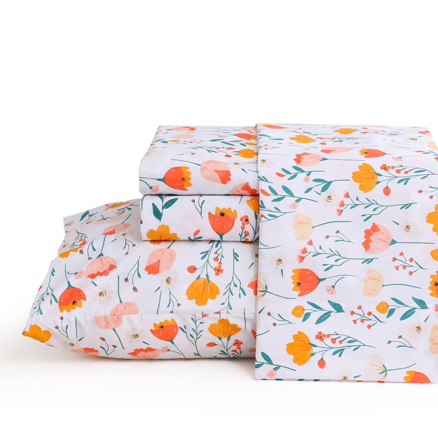 JSD Tulip Floral Sheet Set Queen Size, 4 Piece Spring Printed Microfiber Bed Sheets Deep Pocket