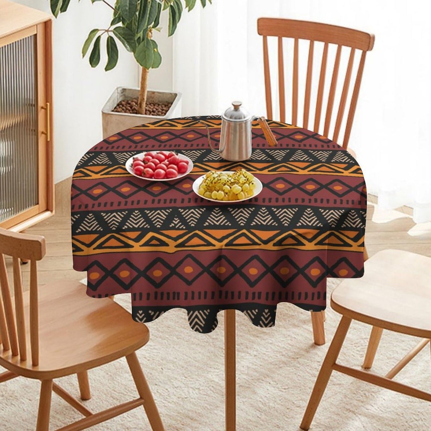 Yearn Jear African Round Tablecloth Traditional Stripe African Folk Pattern Abstract Print Ethnic Table Cover Washable Polyester for Kitchen Dinning Holiday Party Home Decoration 36inch