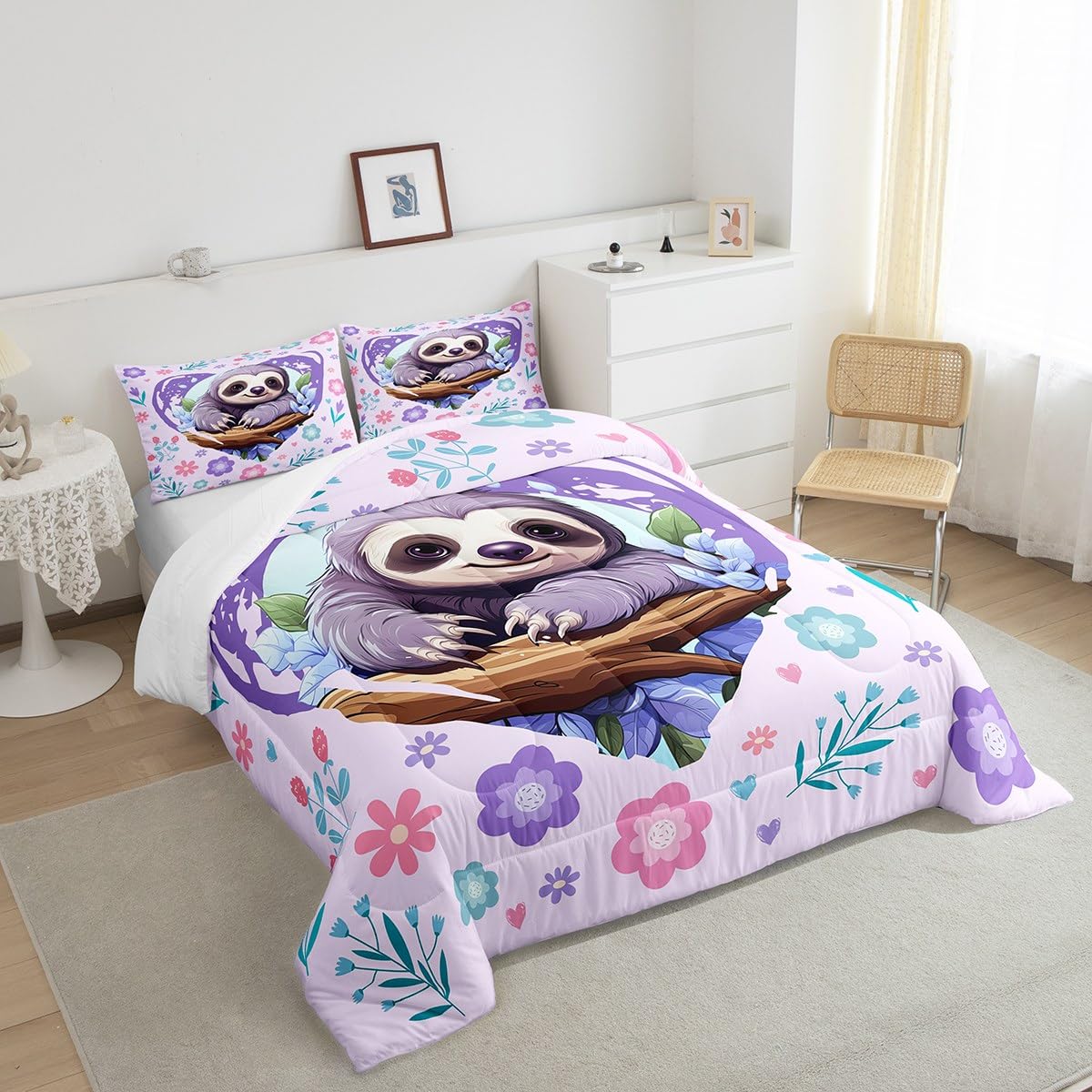 Manfei Cute Sloth Comforter Set,Kawaii Wild Animal Jungle Branch Bedding Set Kids Teens Modern Decor,Nature Flowers Leaves Graffiti Purple Comforter with 1 Pillowcase for All Seasons,Twin