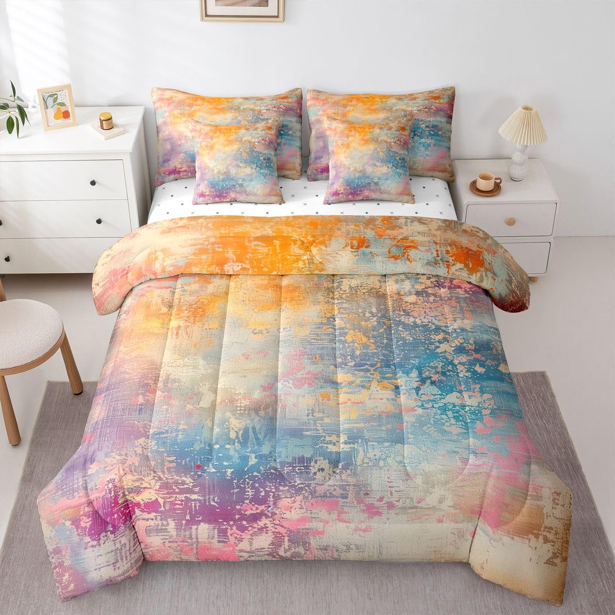 Erosebridal Grey Blue Queen Comforter Set Grunge Ombre Geometric 7 Pieces Bedding Oil Painting Bed Set with Sheets Modern Abstract Graffiti Art Bed in A Bag Bedroom Decor