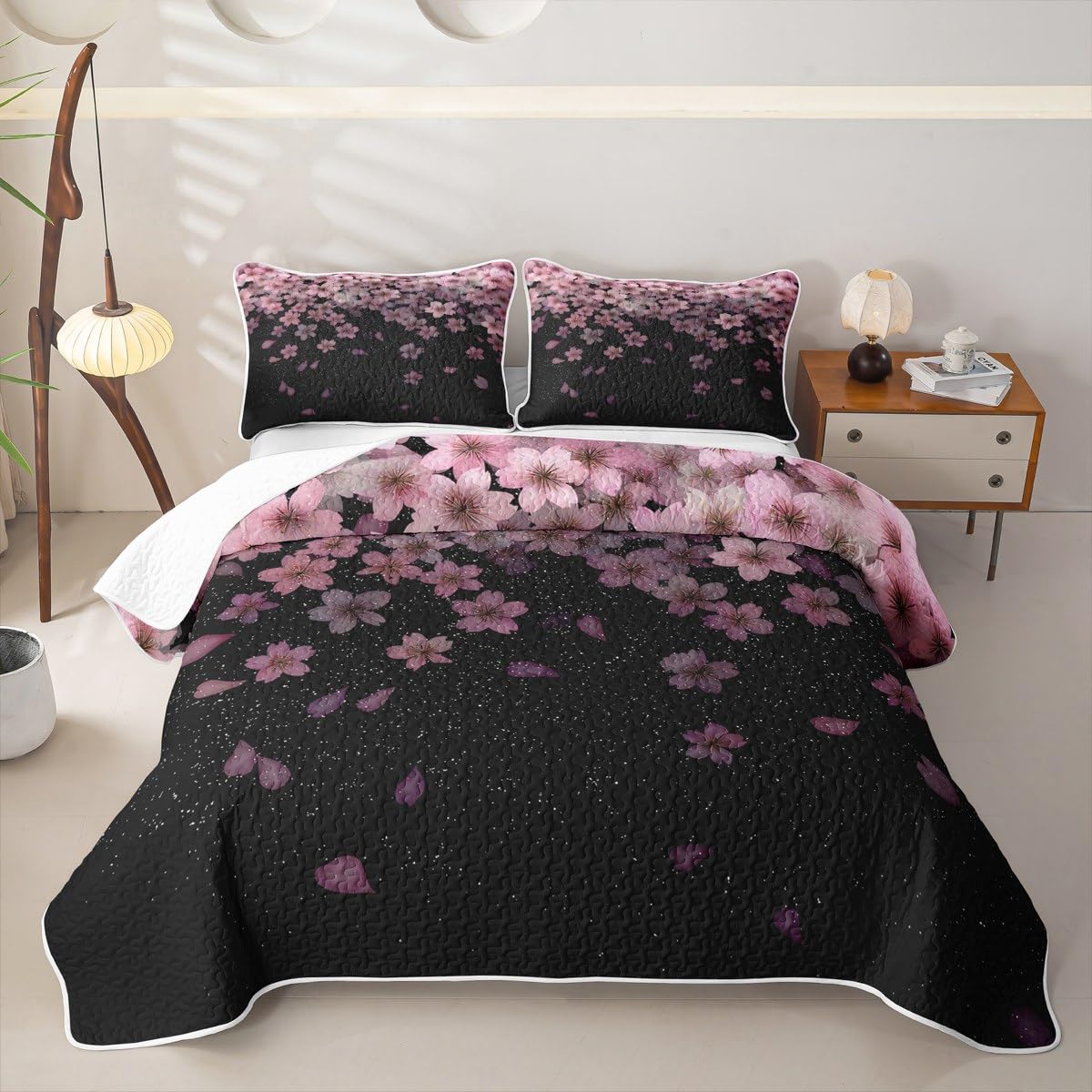Erosebridal Cherry Blossom Quilt Set Full Pink Flower Quilt Petal Floral Bedding Coverlet Starry Sky Girly Bedspread with 2 Pillowcases