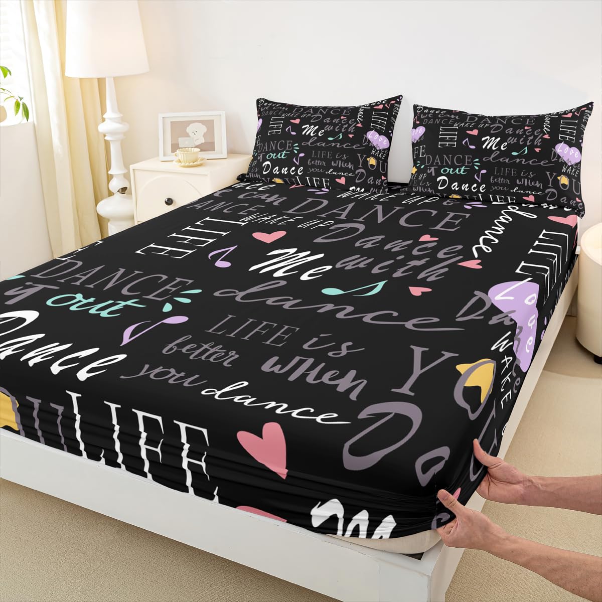 Feelyou Hippie Graffiti Bed Sheets Set Girls Dance Life Bedding Queen Size Includes 1 Fitted Sheets & 2 Pillowcases (No Flat Sheet)