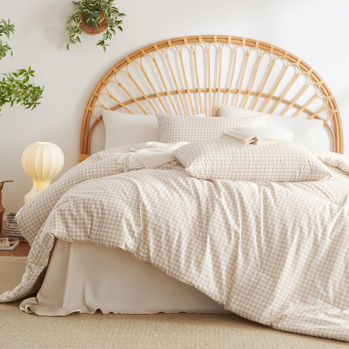 Erwinmu Gingham Comforter Set King Size - 3 Pieces Beige White Gingham Comforter Bedding Sets Checkered Pattern,Kingsize Bed in a Bag with Plaid Comforter and 2 Pillowcases