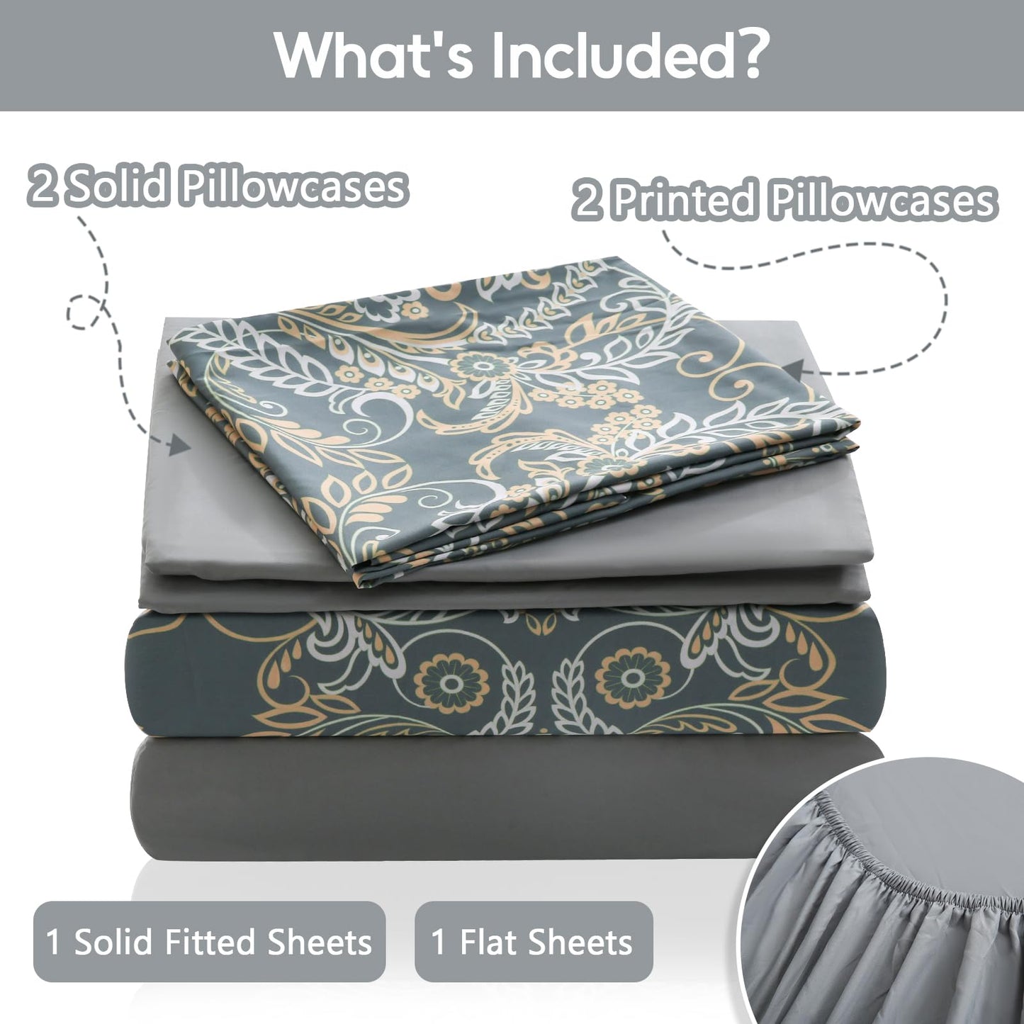 LONAVA Paisley King Size 6 Pcs Sheet Set, Breathable Microfiber Deep Pocket Grey Fitted Sheets, Comfy & Breathable Patterned Flat Sheets,4 Gentle Soft Pillowcases, Green Pasliey
