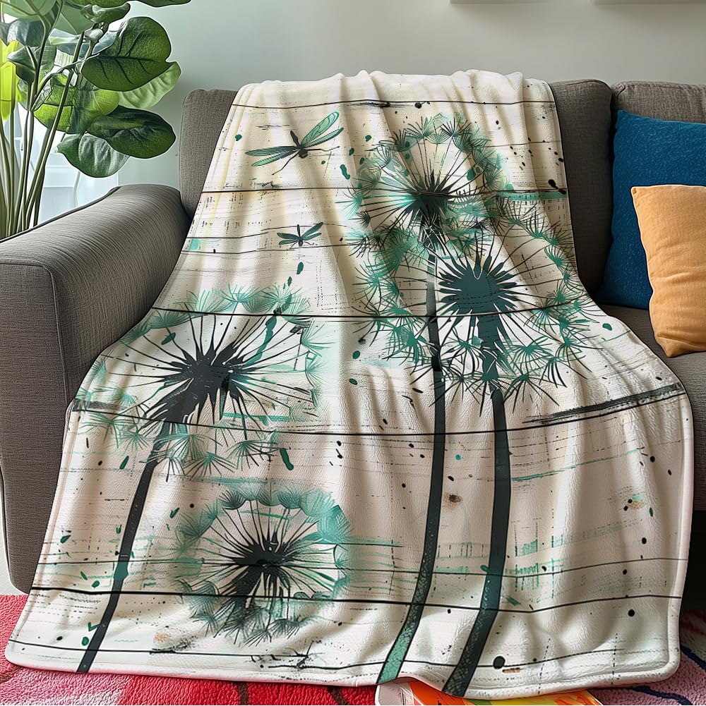 HUNXIAOJ Dandelion Throw Blanket Floral Print Blanket Dandelion Bedding Flower Throw Warm Soft Flannel for Girls Boys Woman Adults Bed Sofa Couch (60 in x 80 in)