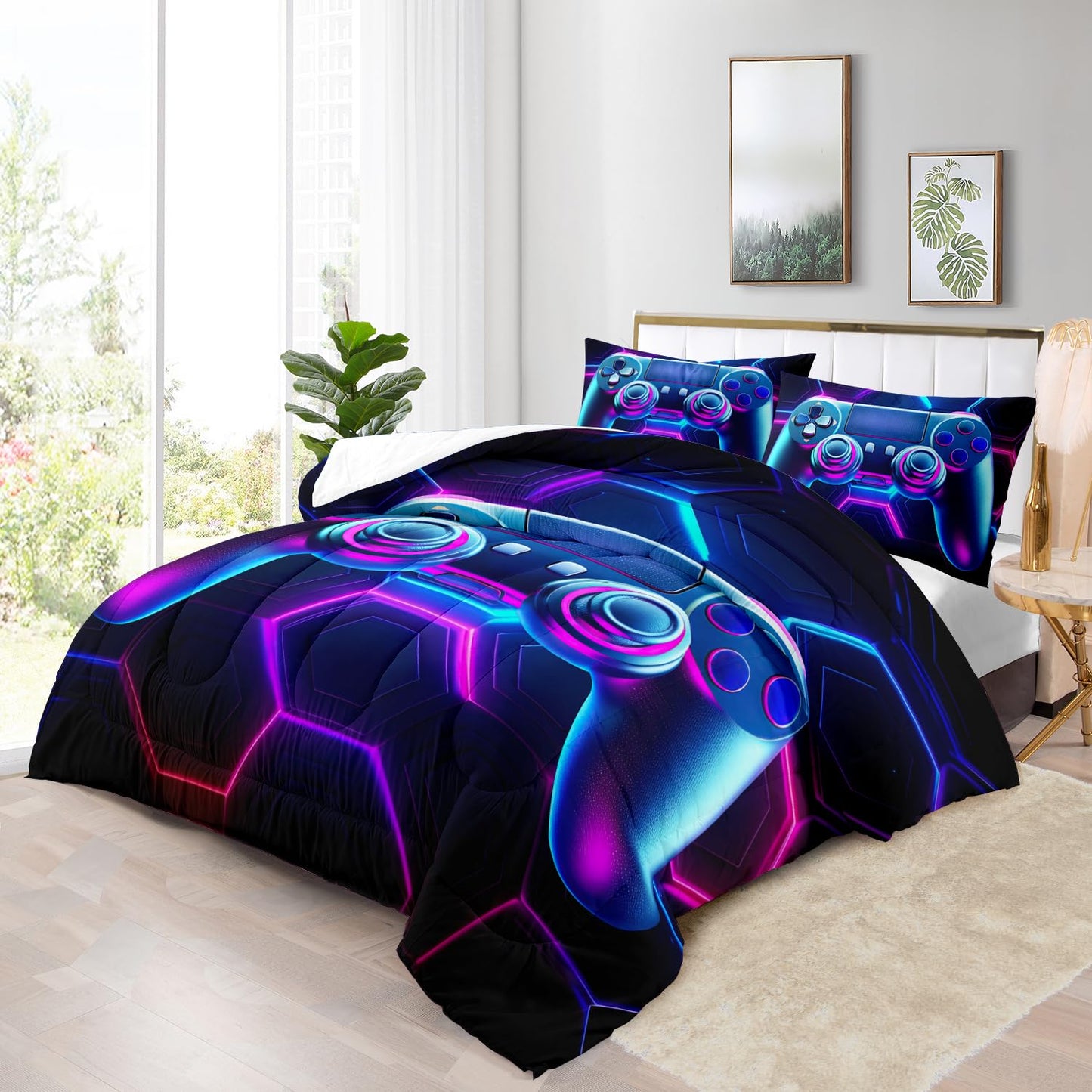 Raphus cucullatus Gaming Gamer Comforter Set for Boys Blue Gaming Quilt Gamepad Bedding Bed Set Queen Size,Video Game Decor for Boys Room