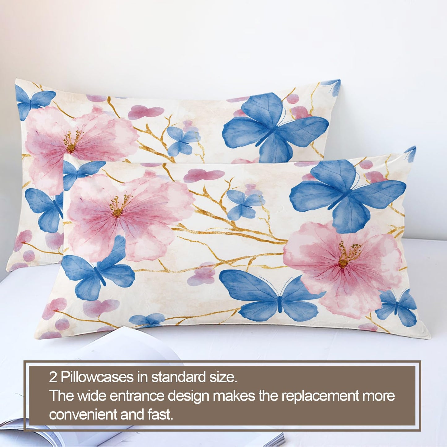 GKPLY Blue Butterfly Comforter Set, Watercolor Floral Duvet Cover King, Elegant Spring Bedding with 2 Pillowcases, Duvet Cover with Zipper, 3 Pieces, Reversible Cherry Branch Bedding Set