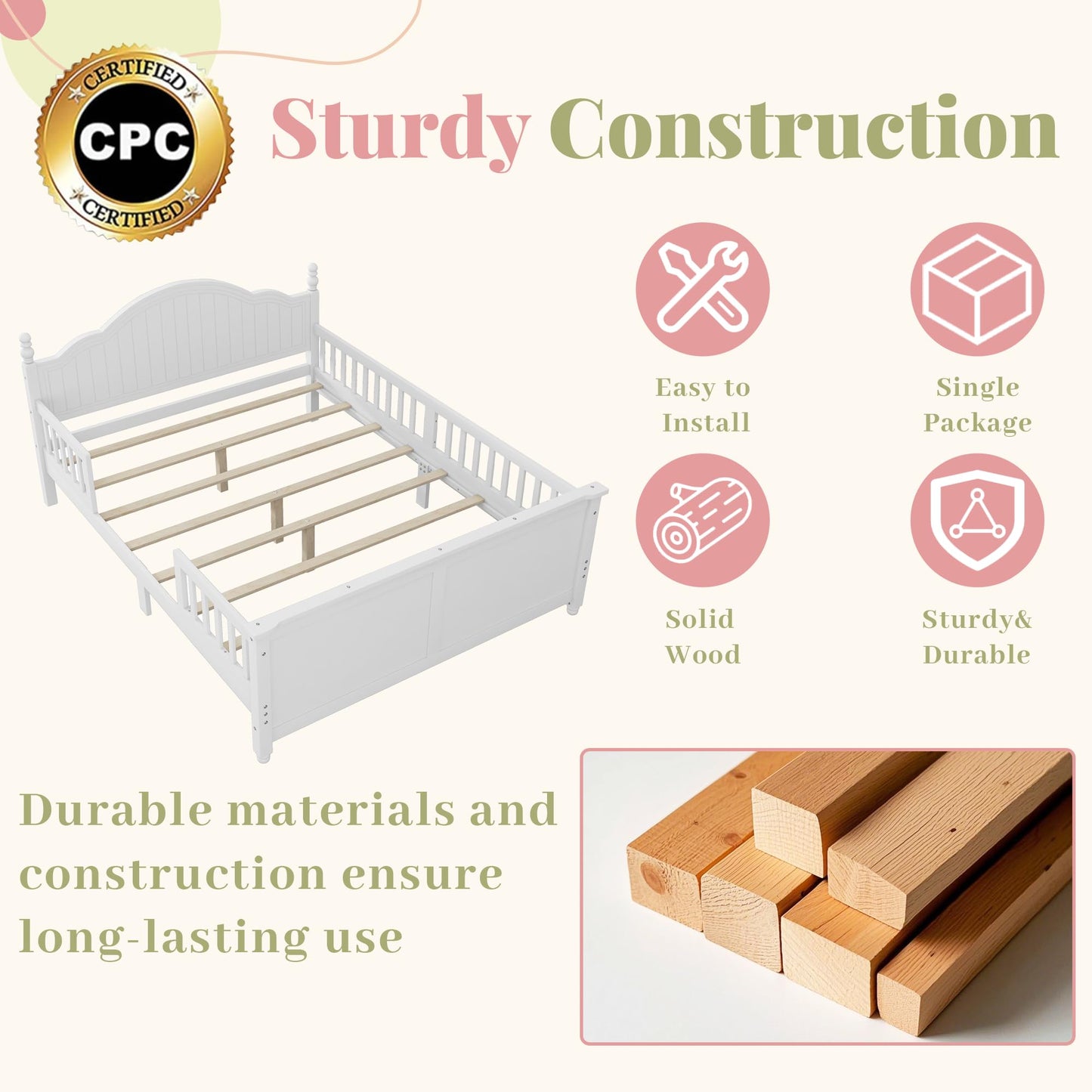 Aurnienofus Full Size Bed Frame Kids with Rails & Headboard, Wooden Low Platform Bed Frames with Detachable Guardrails, Footboard & Slat Support for Kids Girls Boys, Full Beds White