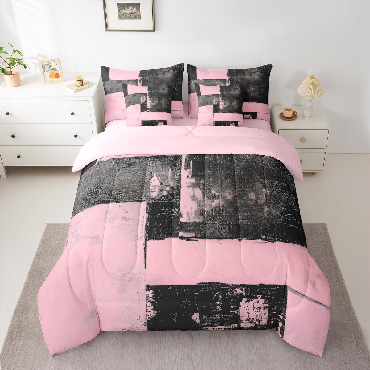 Feelyou Abstract King Comforter Set with Sheets for Kids Boys Girls Modern Abstract Art 7 Pieces Bedding Set Luxury Bed in a Bag Geometric Room Decor Black Pink Soft Lightweight Microfiber