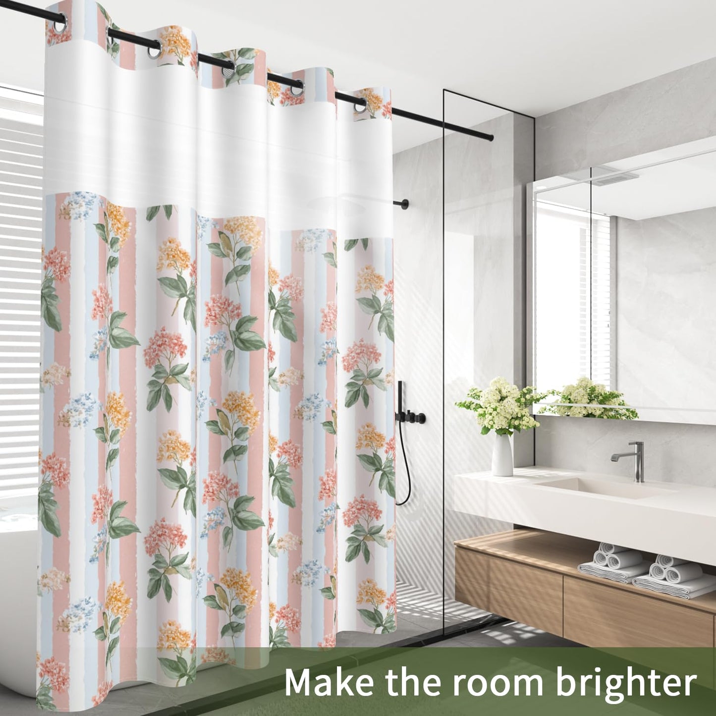 NAEMBCU Boho Floral No Hook Shower Curtain with Snap in Liner Set 71x74 in