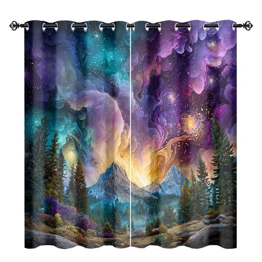 XSUPFLYM Beautiful Realistic Starry Sky Window Blackout Curtains Modern Fantasy Galaxy Nebula Landscape Mountain Plant Pine Forest Thermal Curtains Suitable for Bedroom 2 Panels.Each 21" W x 45" L