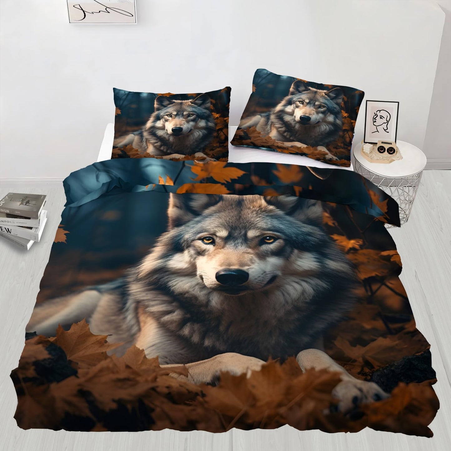Wolf Duvet Cover Queen Size - Autumn Wolf Home Decor & Gifts, 3 Piece Back to School Dorm Bedding, Easy Care Microfiber Comforter Cover & Pillowcases, Wild Animals