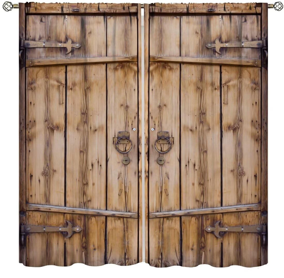 SXXLDNG Retro Rustic Barn Door Curtains,Western Country Farmhouse Old Wooden Door Window Treatments for Bedroom Living Room Kitchen Window Drapes 2 Panels Set,Total Size 42" x 45"