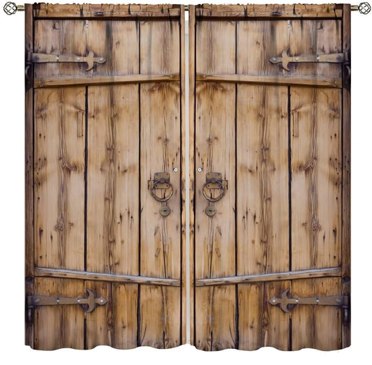 SXXLDNG Retro Rustic Barn Door Curtains,Western Country Farmhouse Old Wooden Door Window Treatments for Bedroom Living Room Kitchen Window Drapes 2 Panels Set,Total Size 42" x 45"