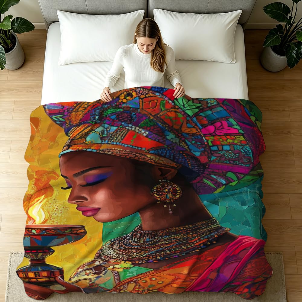 HUNXIAOJ African American Throw Blanket Black Girl Blanket African Gifts for Women Tribal Bedding Ethnic Decor Warm Soft Flannel for Sofa Couch (49in x 59in)
