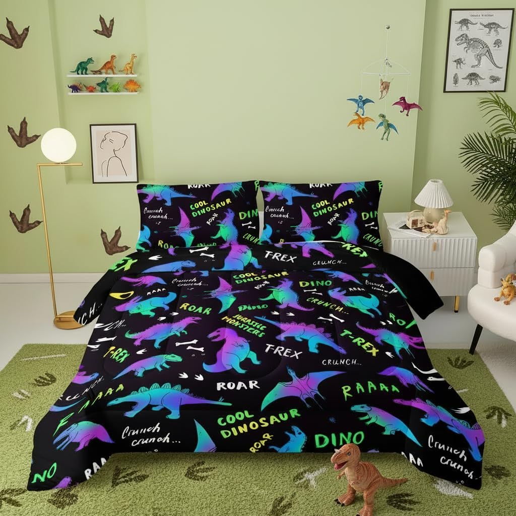 QOOMO Jurassic Dinosaur Comforter Queen Size, Black Cartoon Animals Kids Bedding Set, Suitability Girs and Boys Black Decorate a Room 1 Comforter Set 2 Pillowcases