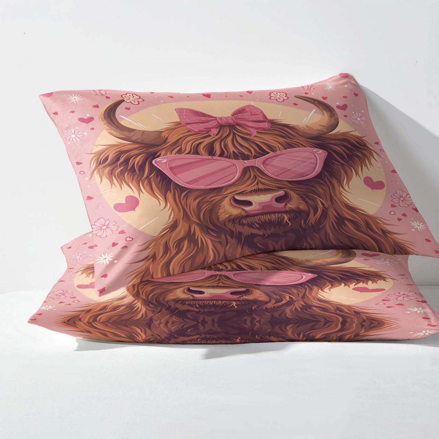 NOGAWA Highland Cow Cool Sheets Queen Size, Kids Girls Pink Funny Bed Sheets, Bedding Sheets & Pillowcases 4 Piece Set - Soft Microfiber Deep Pocket Fitted Sheet & Flat Sheet & 2 Pillow Cases