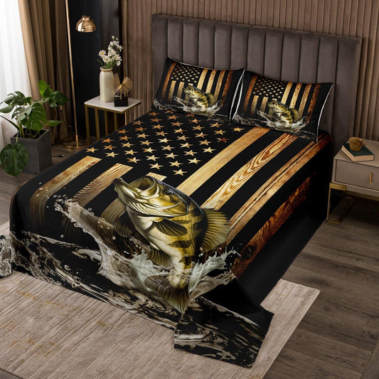 Vintage American Flag Bedspread Queen Size,Bass Fish Bedding Set for Kids Teens Men Adult Room Decor,Fishing and Hunting Comforter Set Black Brown Rustic Farmhouse Wood Striped Quilt Coverlet 3Pcs