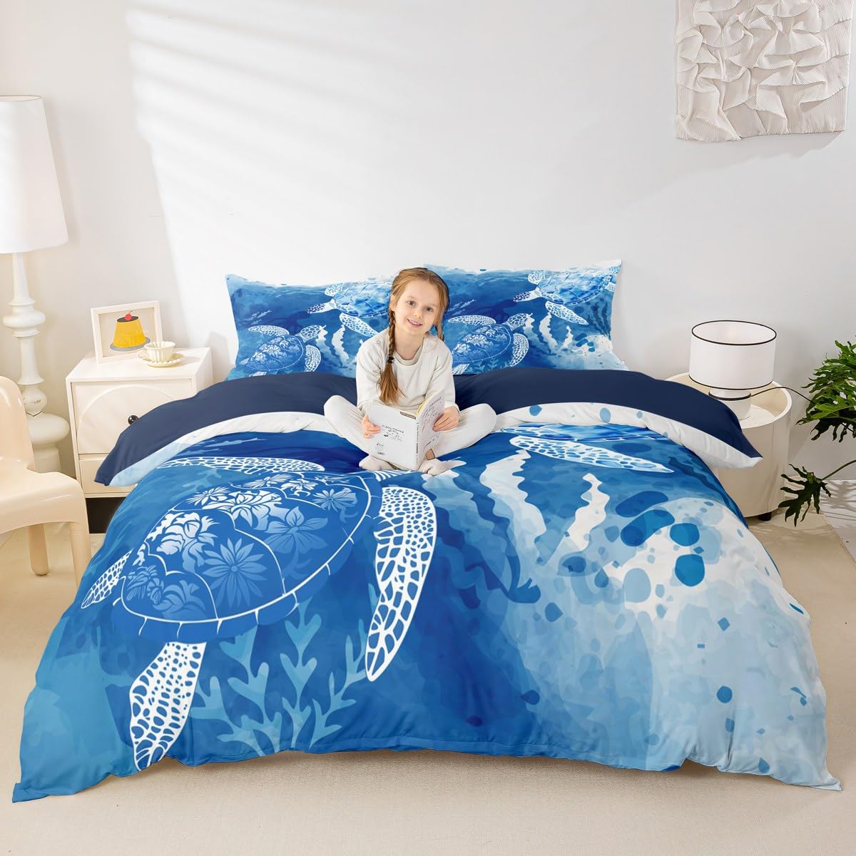 Homewish Sea Turtle Bedding Set Full,Octopus Seaweed Silhouette Duvet Cover for Teens Girls Room ,Navy Blue Tie Dye Comforter Undersea Animals Plants Quilt 3pcs with 2 Pillowcases Full 80''x90''