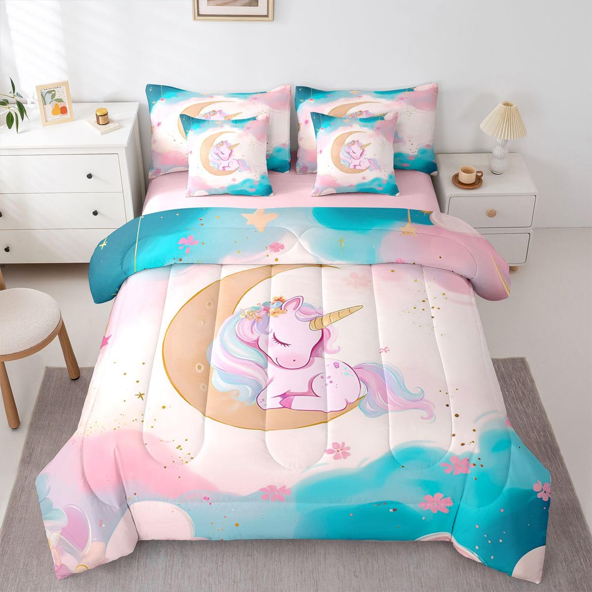 Erosebridal Pink Unicorn Bedding Set 7 Pieces Twin Size for Girls Kids Cute Rainbow Unicorn Comforter Set with Sheets Gradient Blue Pink Princess Bed in A Bag Dreamy Moon Bed Sets All Season