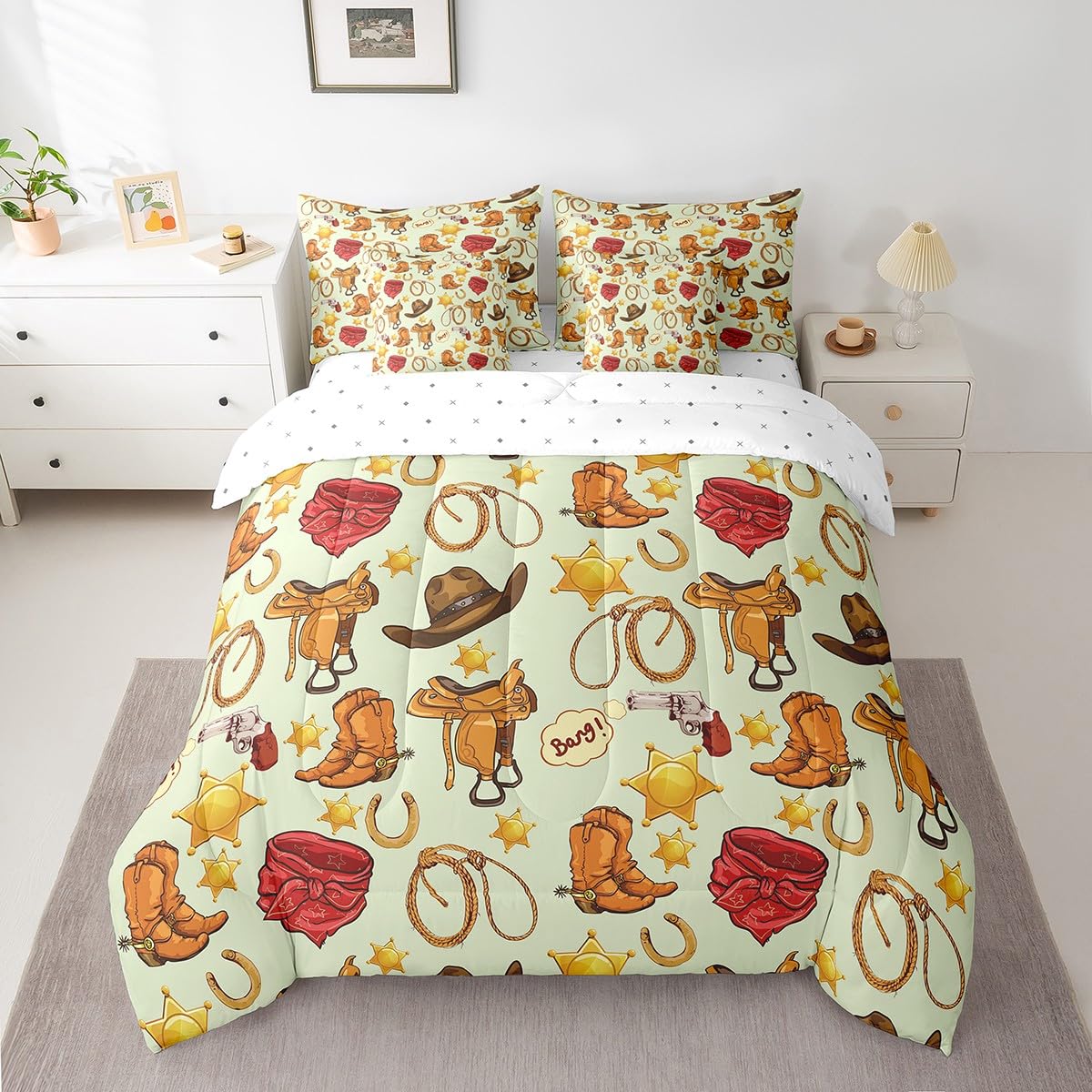 Erosebridal Cowboy Boots for Women 7 Piece Comforter Set Full Bed in a Bag,Cowboy Hat Men Bedding Sets Western Cowboy Sheet Set with Comforter
