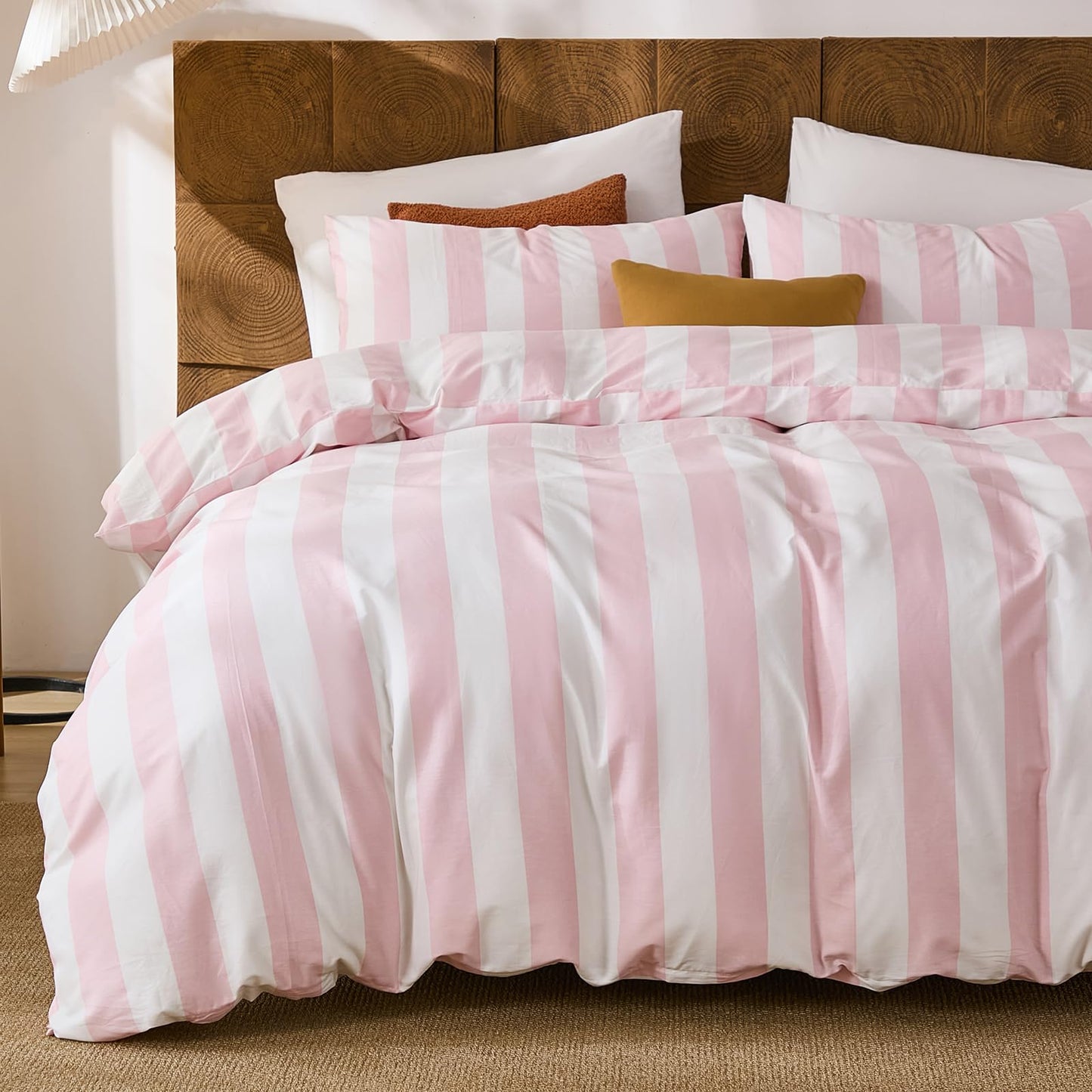 Merryword Pink and White Striped Comforter Set King Size, 100% Cotton Reversible Comforter Set 3 Pcs, Luxury Linen Like Bedding, Soft Breathable Lightweight Comforter for All Seasons