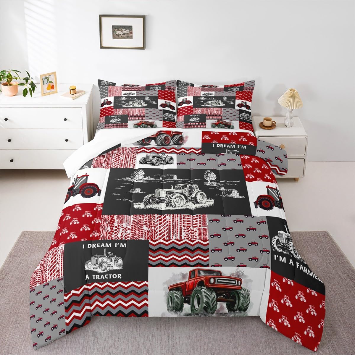 Erosebridal Red Tractor Bedding Set for Boys King,Construction Tractor Comforter Set Kids Teens Equipment Trucks Down Comforter Black White Construction Vehicle Quilt Set Bedroom Decor