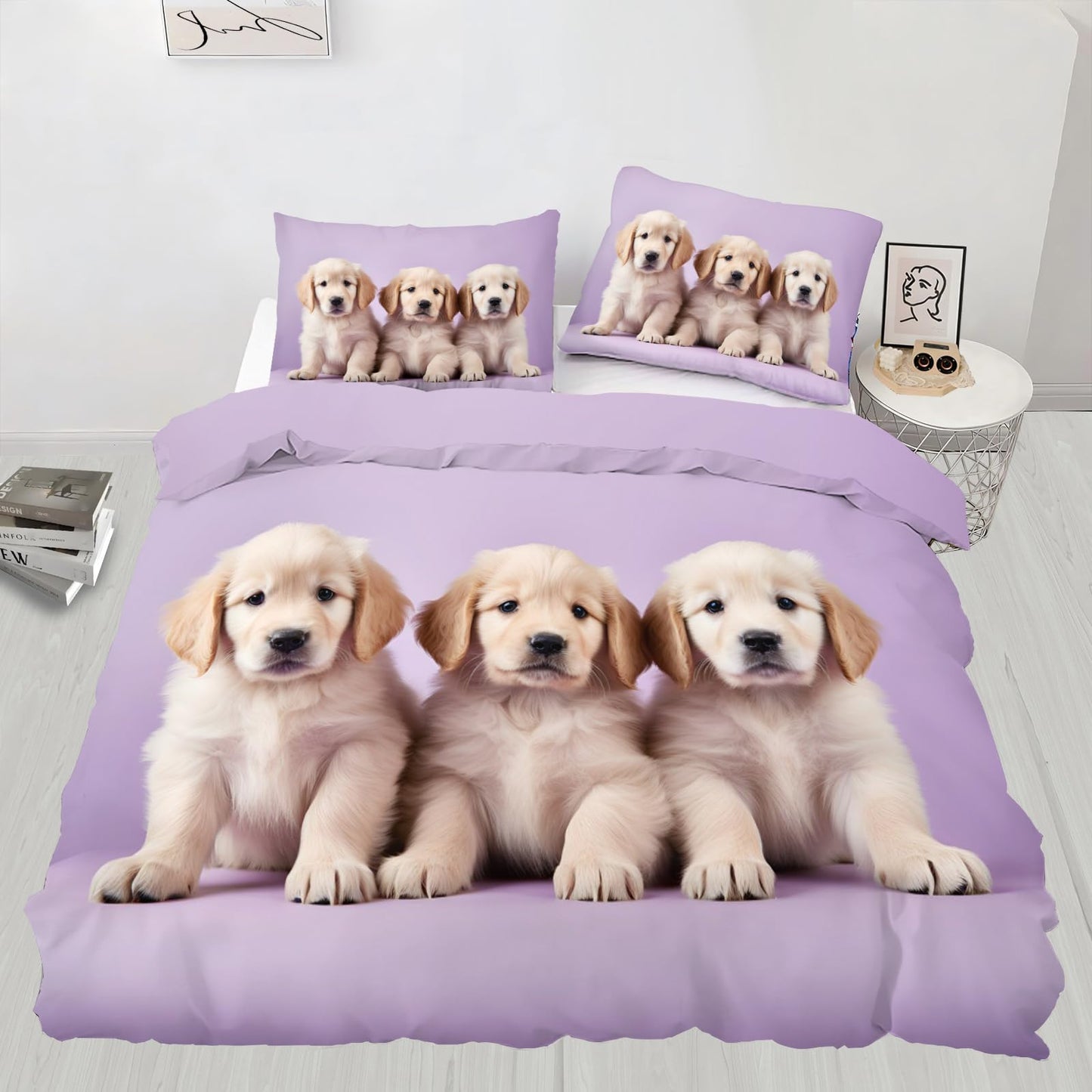 Kids Duvet Cover Queen Size - Cute Puppy Home Decor & Gifts, 3 Piece Back to School Dorm Bedding, Easy Care Microfiber Comforter Cover & Pillowcases, Golden Retriever Pattern