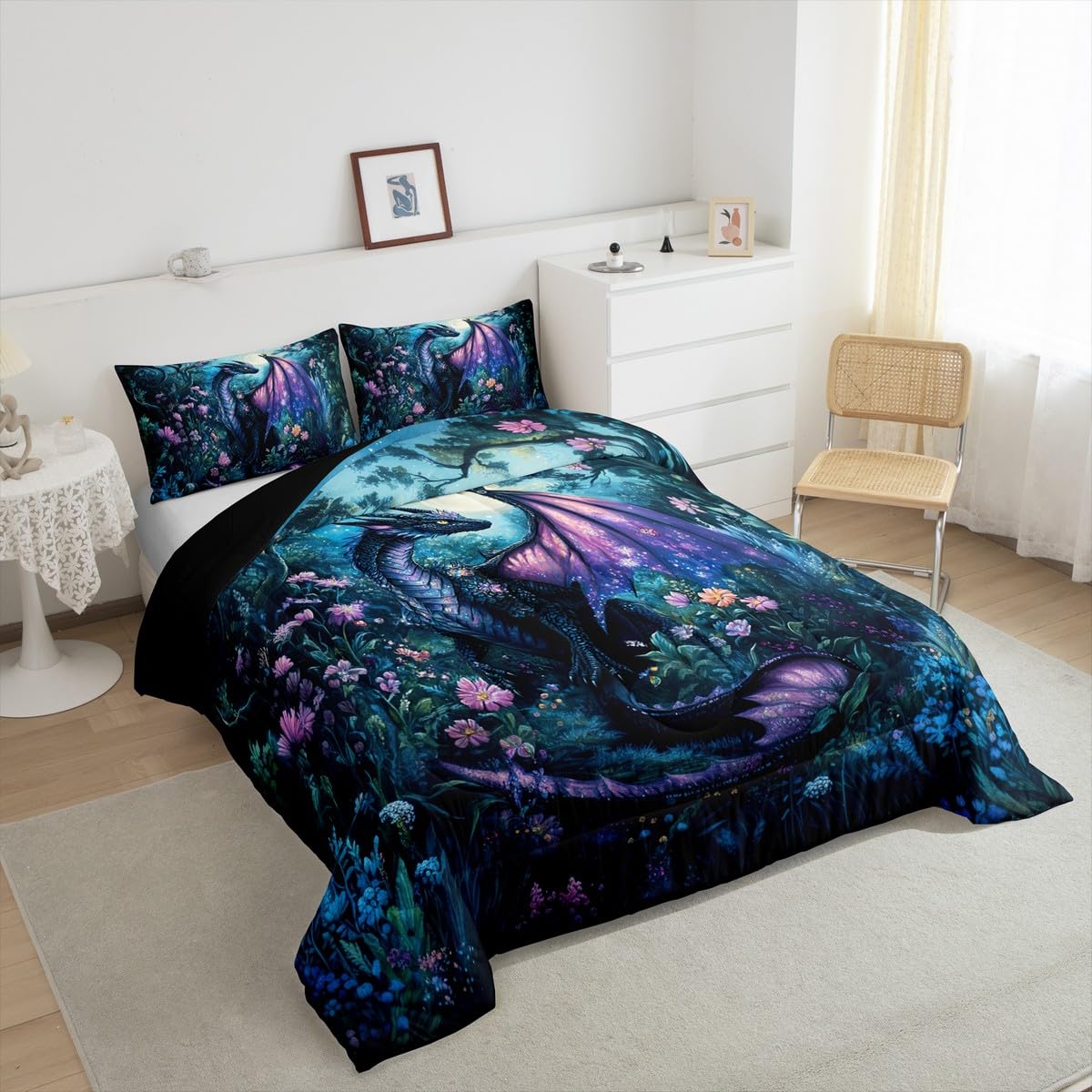 Feelyou Dragon Comforter Set Twin Size Comforter for Boys Girls Teens Wild Life Bedding Set Jungle Dragon Duvet Set Room Decor Balck Blue Quilt Set