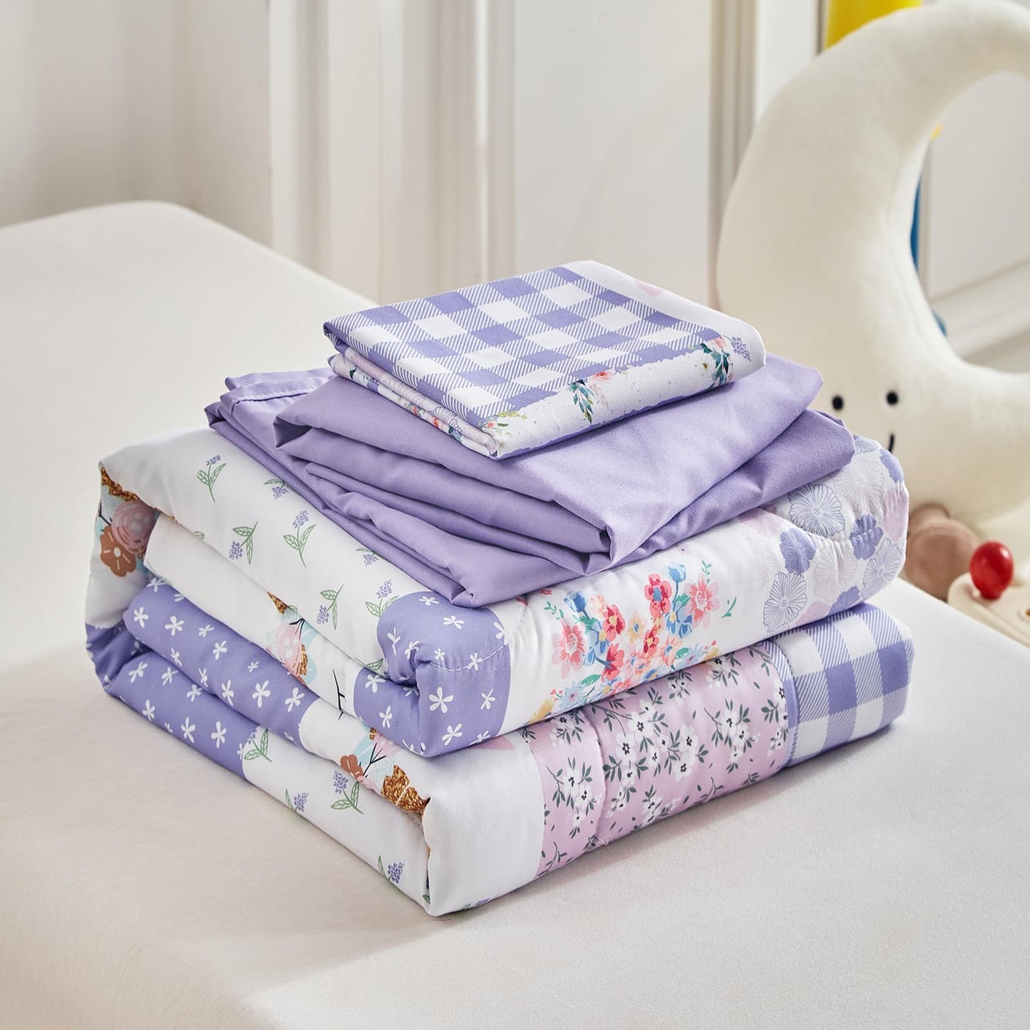 Joyreap 4 Piece Toddler Bedding Set- Purple Butterflies Flowers Patchwork Toddler Comforter Set, Includes Quilted Comforter, Fitted Sheet, Top Sheet, and Pillow Case
