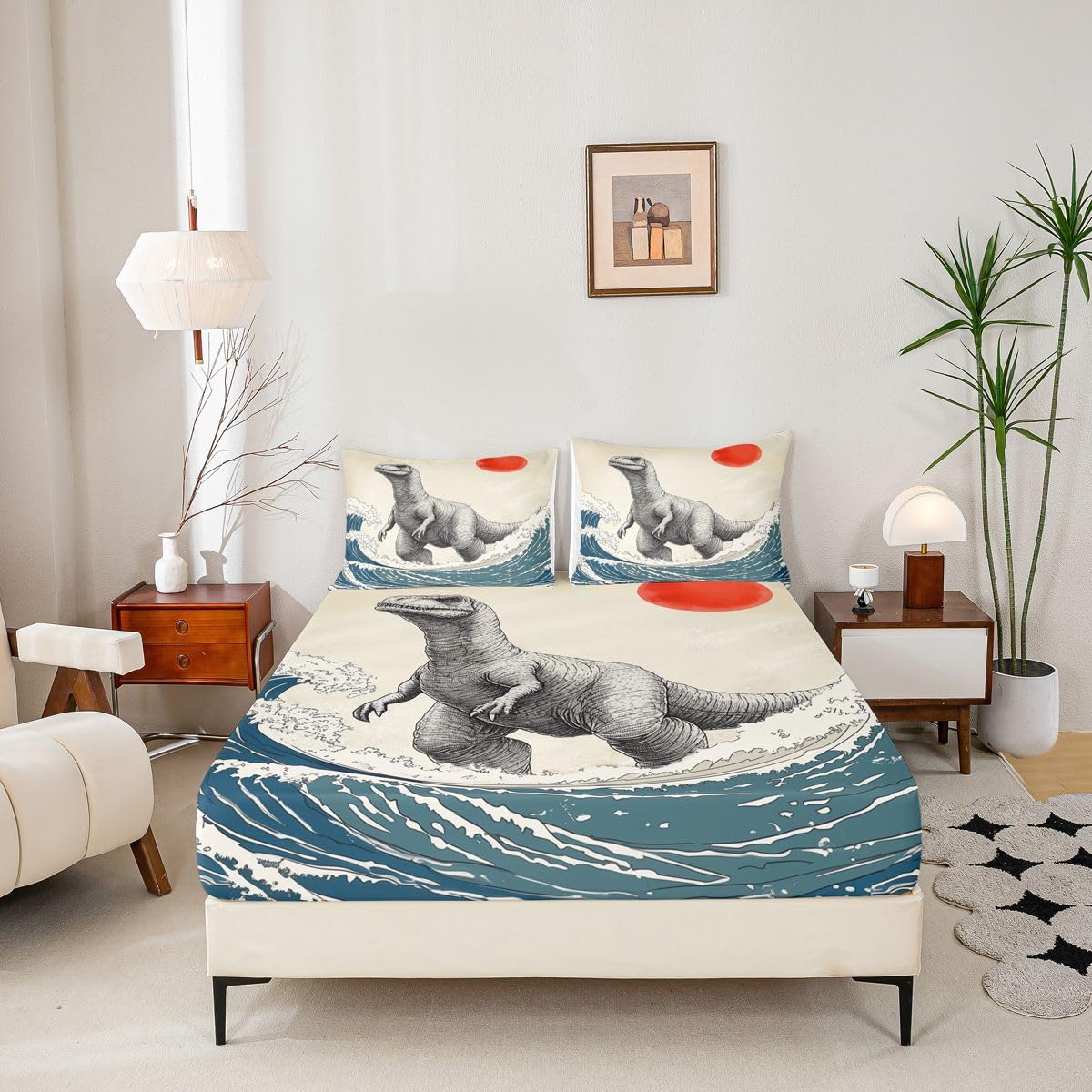 Feelyou Dinosaur Monster Bedding Sheets Full Japanese Ukiyoe Theme Bed Sheet Set for Adult Kids Cool Animal Fitted Sheet Asian Anime Bed Cover 3Pcs,1 Fitted Sheet+2 Pillow Sham（No Flat Sheet）
