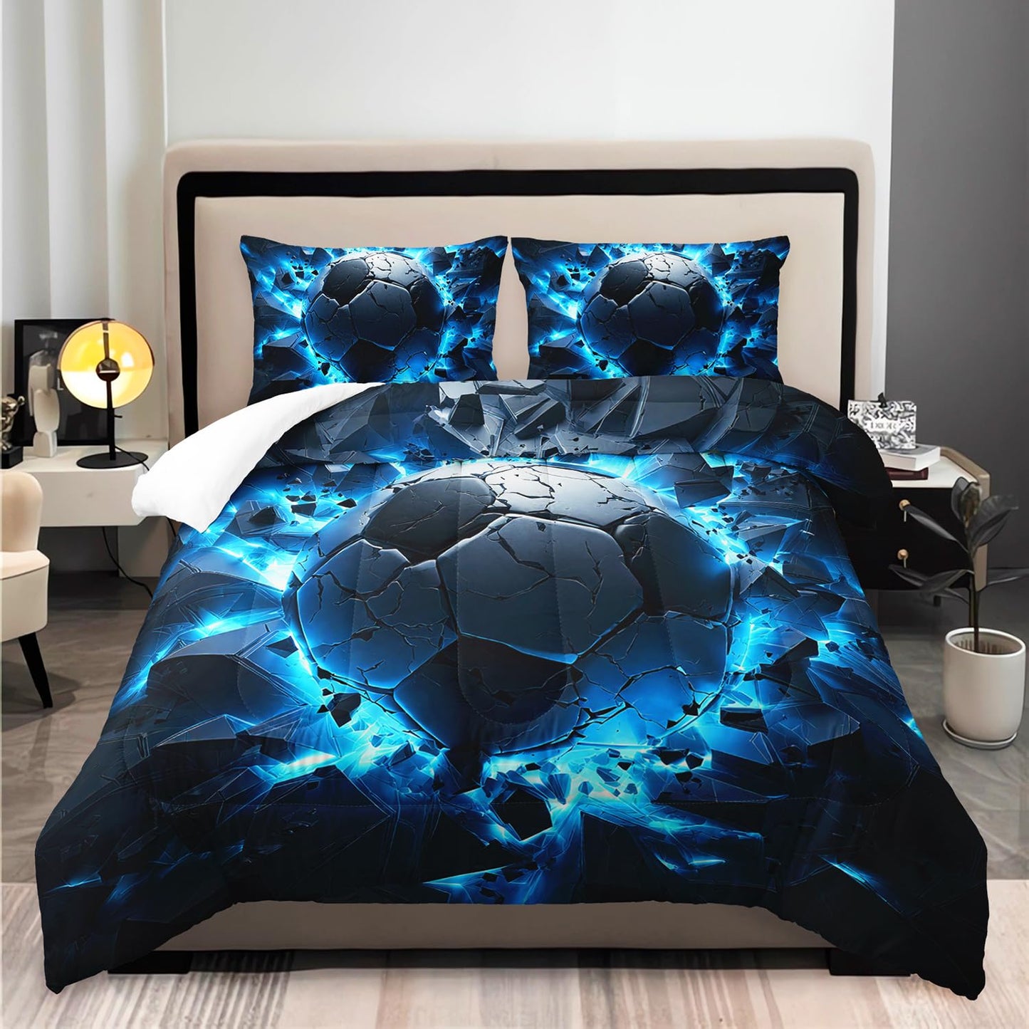 Soccer Print Comforter 3Pcs Twin Blue Sport Soccer Broken Wall Bedding Set
