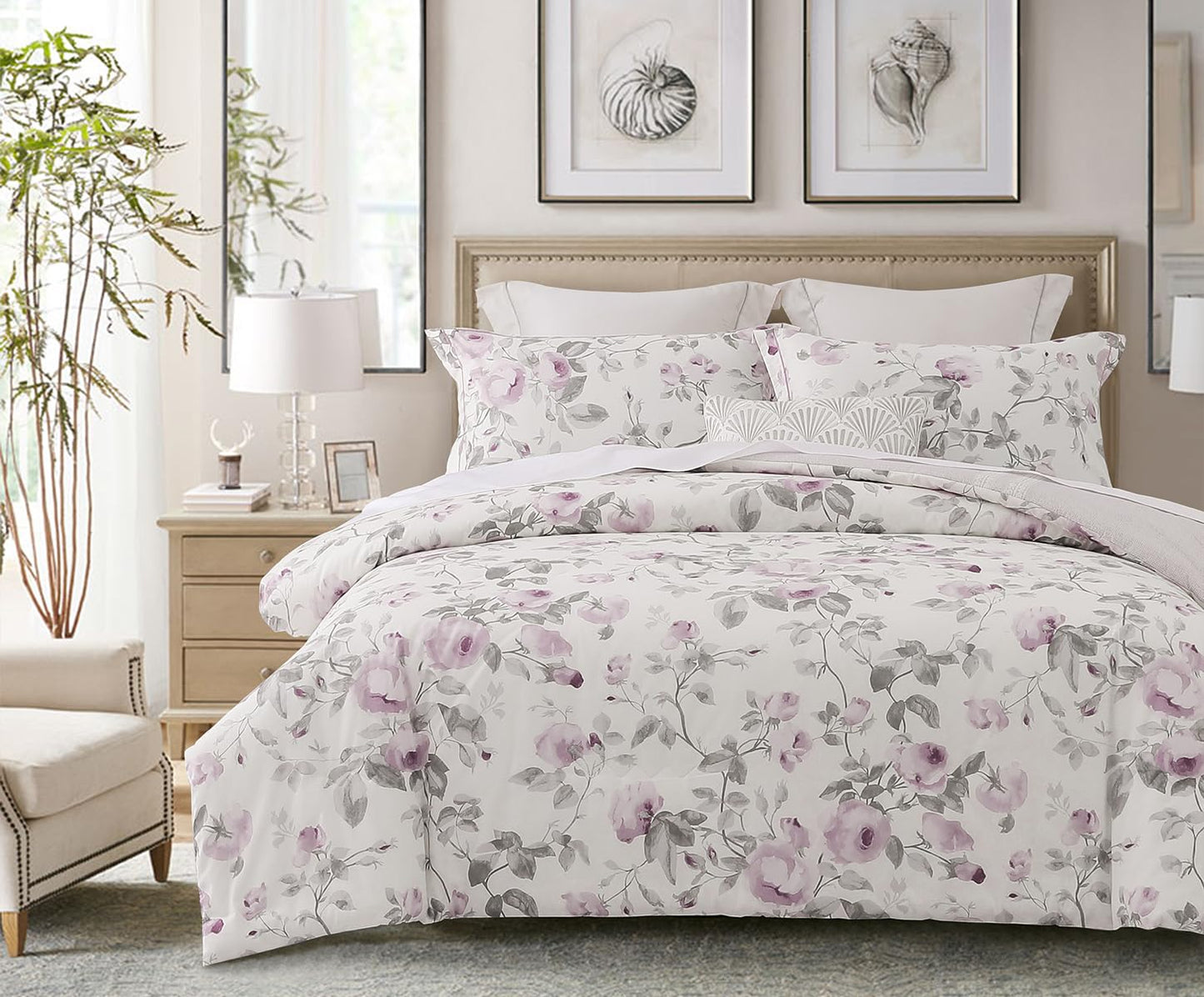 SLEEPBELLA Comforter Queen Size, 600 Thread Count Cotton White Print with Purple Flowers Reversible Comforter Sets, Down Alternative Bedding Set 3Pcs(Queen, Purple Floral)