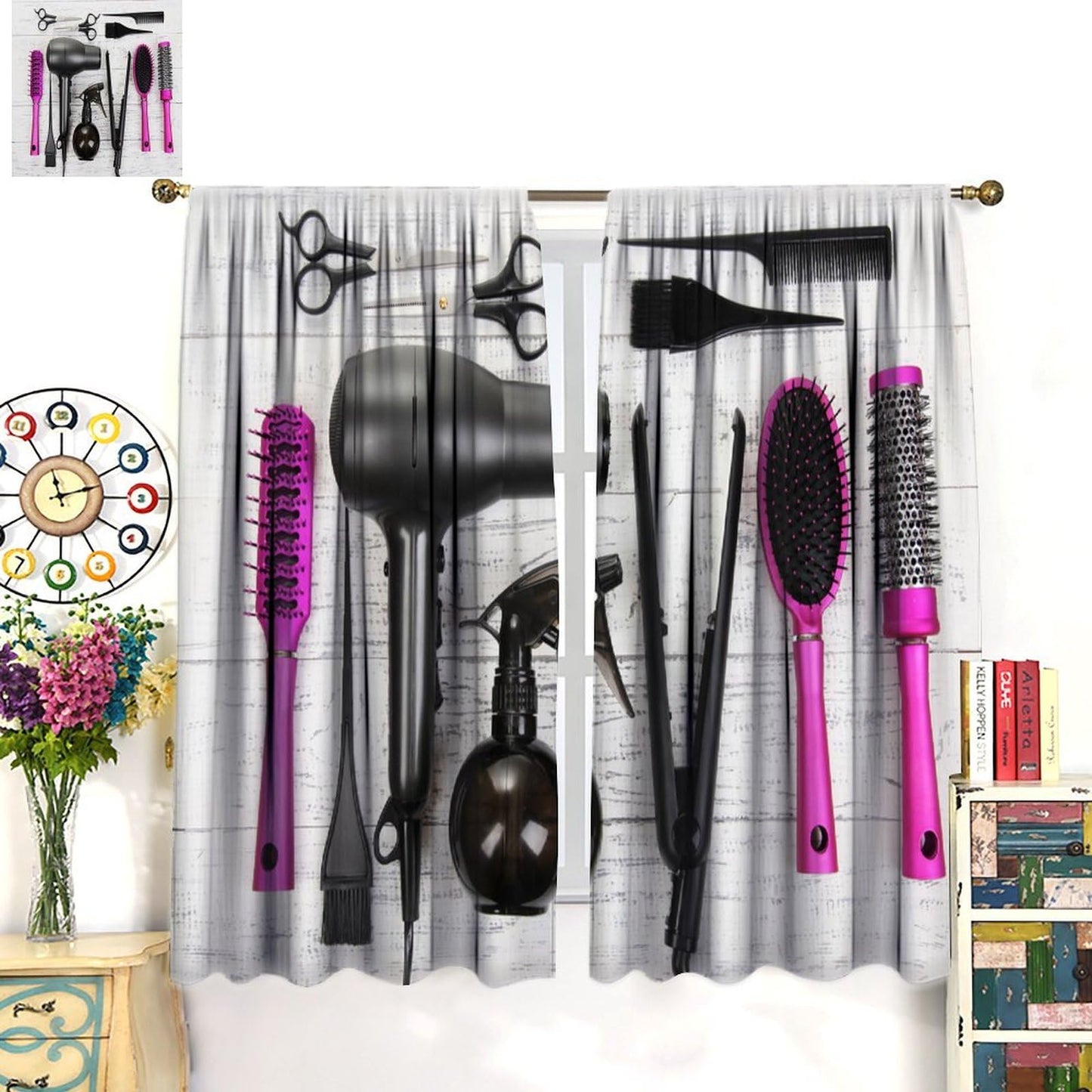 ZhiRain Fashion Makeup Curtains Hair Salon Cosmetic Haircut Equipment Hair Dryer and Comb Pattern Curtain with Rod Pocket for Home Decor Drapes Window Treatments 2 Panels Set 42x45 Inch