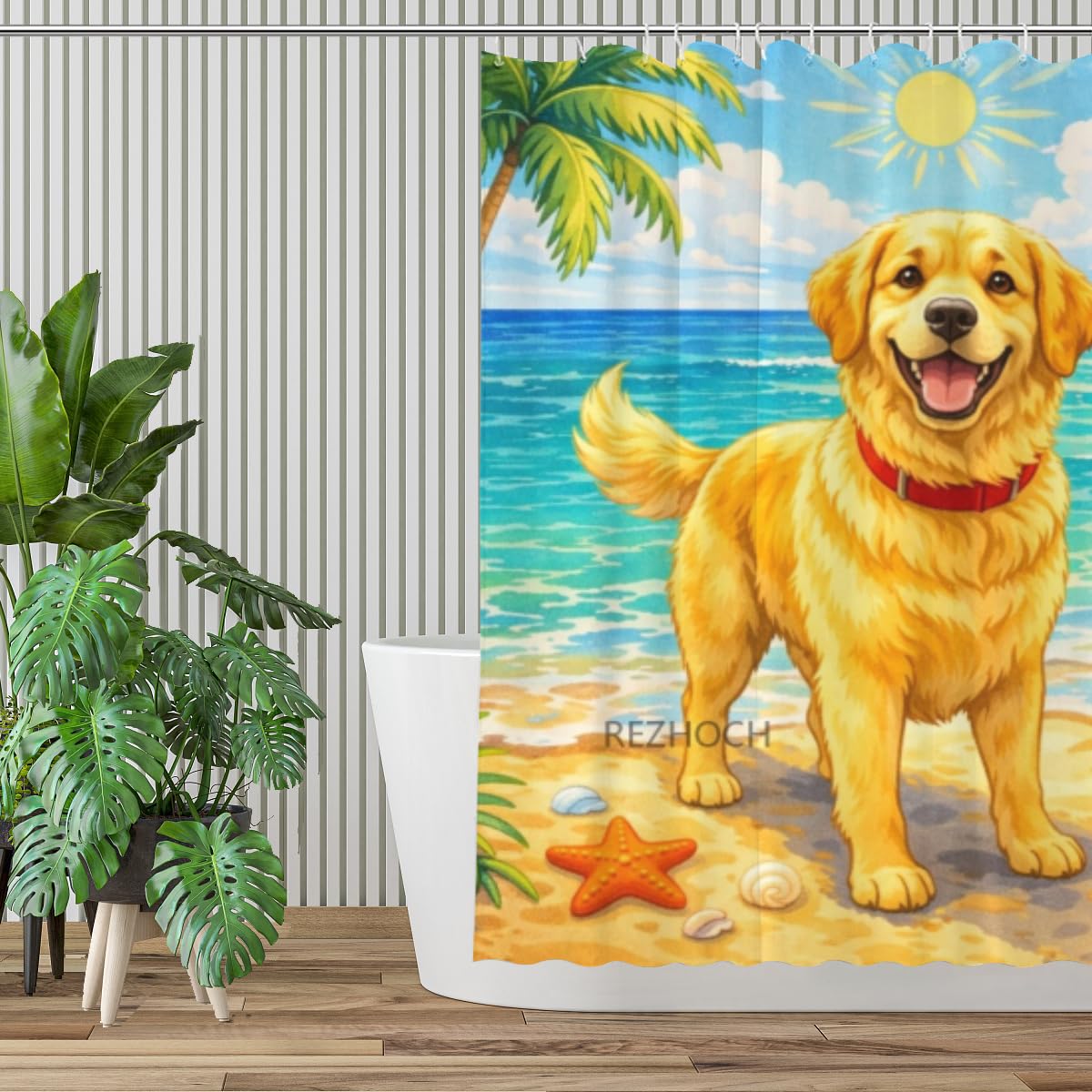 REZHOCH Cute Dog Shower Curtain 72x72Inch,Funny Golden Retriever Happy Holiday Beach Ocean Sunshine Coastal Home Bathroom Decor,Pet Summer Animal Bath Set Waterproof Fabric with Hooks