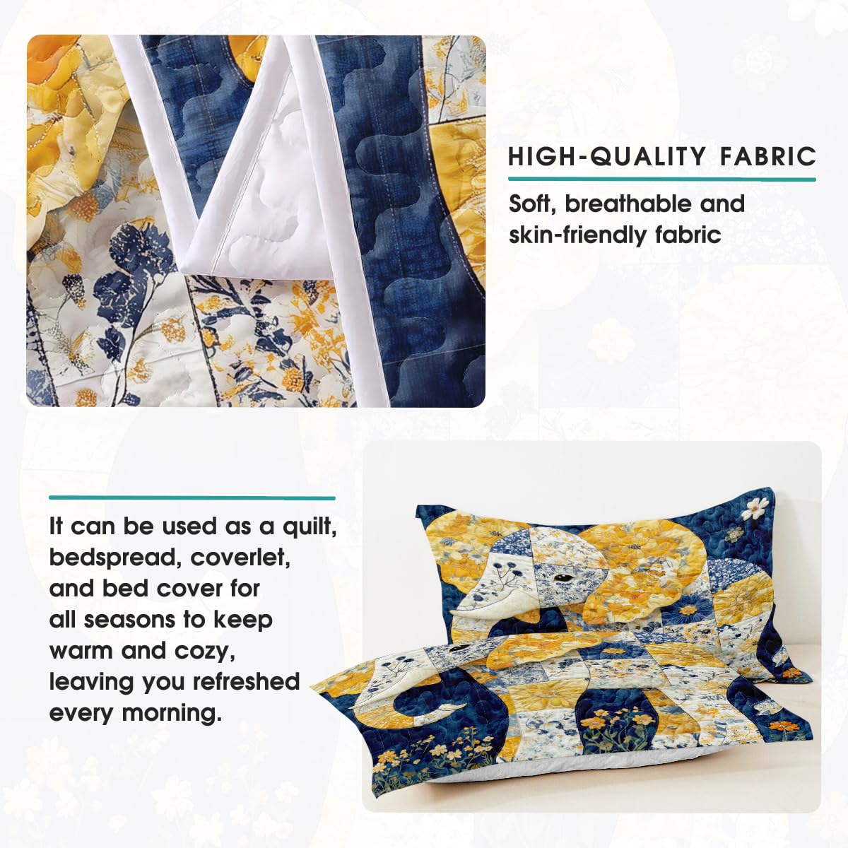 Jeminise Elephant Quilt Set, Animal Patchwork Printed Quilt Bedset, Patchwork Style Quilts Twin Full Queen Size Elephant Pattern Blanket Bedspread, Elephants Bed Set Bedding Gift