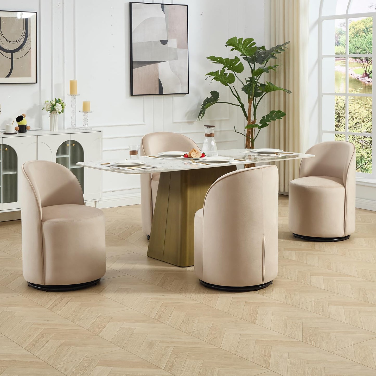 Orirsnug Modern Swivel Dining Chair Set of 1，Velvet Upholstered Swivel Barrel Chair with 360° Rotation, Comfy Round Armless Accent Vanity Side Chair for Kitchen/Dining Living Room/Bedroom, Khaki