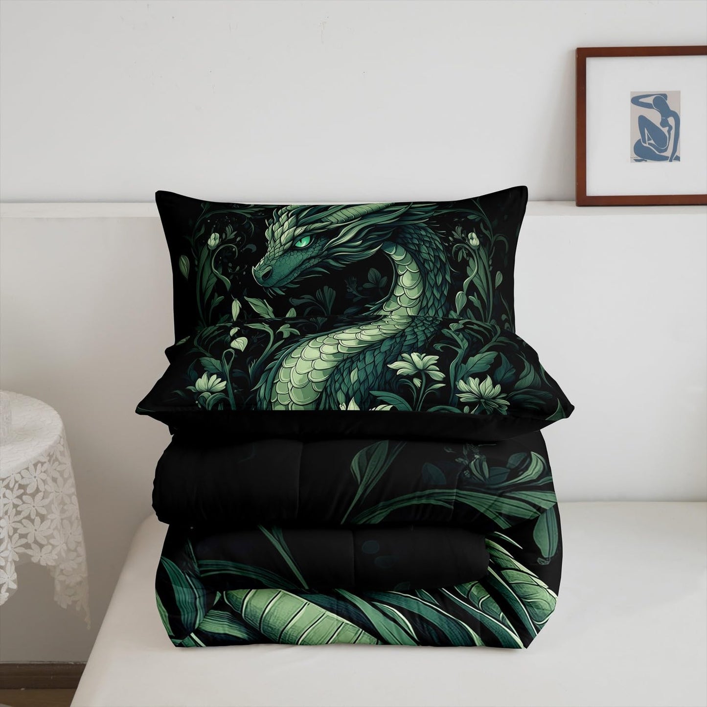 Retro Dragon Kids Comforter Toddler,Botanical Plants Wildlife Bedding Set for Teens Youth Bedroom Decor,Jungle Wild Leaves Animals Reversible Quilt Sets,Rustic Farmhouse Style Bedding Comforter Set