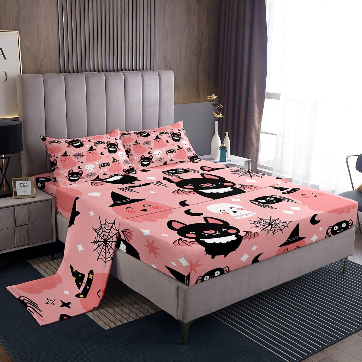 Feelyou Pink Halloween Bat Kids Full Size Bedding Set Decoration Cute Ghost Toddler Sheets Set for Boys Girls Kawaii Skull Fitted Sheet Pink Bed Sheet Set Collection