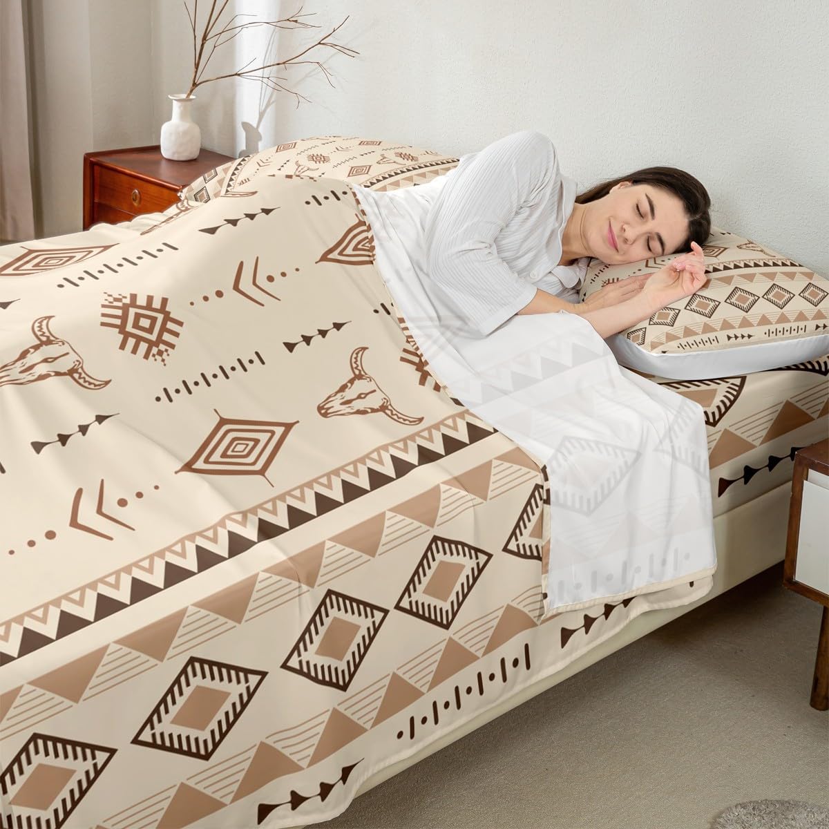Erosebridal Bohemian Aztec Bed Sheets Set Full Size, Western Bull Skull Flat Fitted Sheet for Girls Boys Women Men Bedroom, Geometric Farmhouse Bedding Set, Southwestern Native Bed Sets