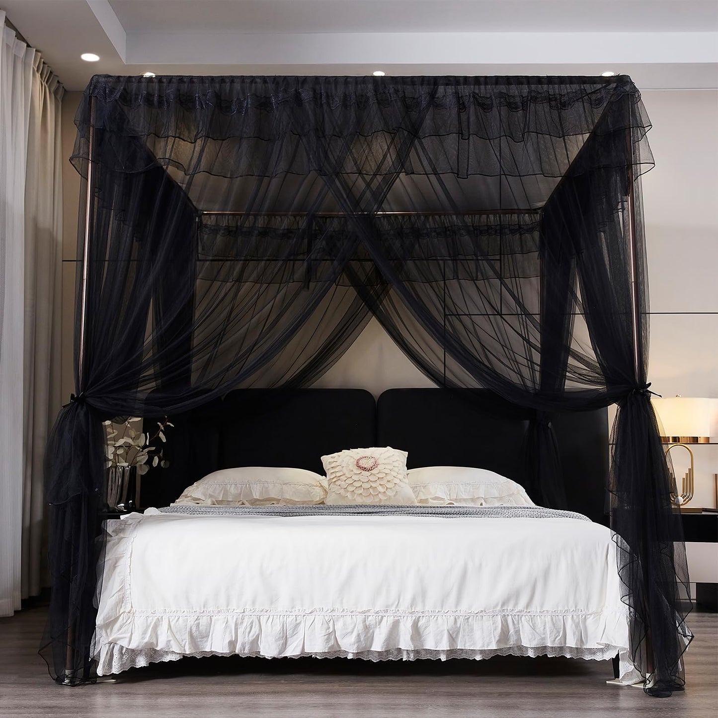 Kertnic Black Canopy Bed Curtains for Girls & Adults, Queen King Bed Canopy Drapes Netting, Practical Mosquito Net for Bed (King- 86" W*78" L*82" H)