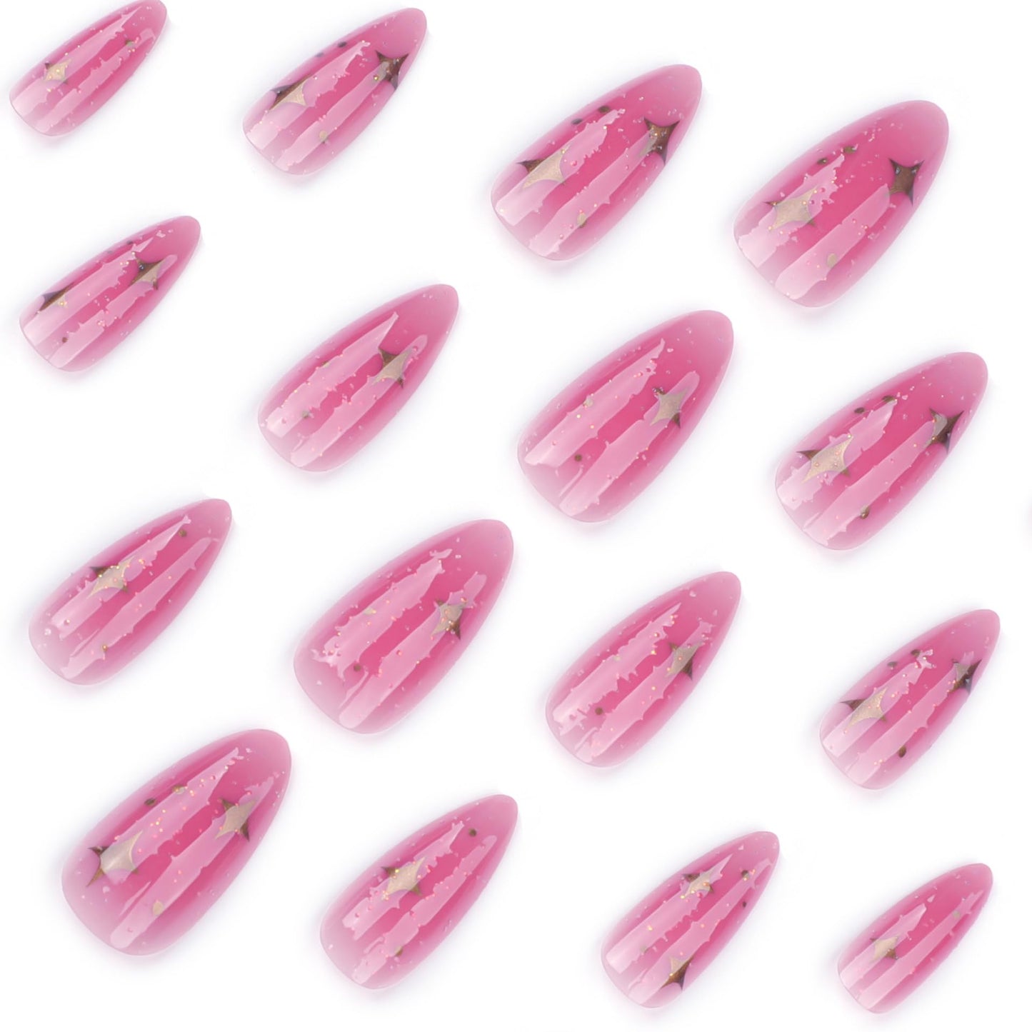 IMSOHOT Pink Press on Nails Medium Almond Fake Nails with Golden Star Designs Full Cover Glossy Acrylic False Nails Finger Manicure for Women Girls Ombre Cute Glitter Glue on Nails 24Pcs
