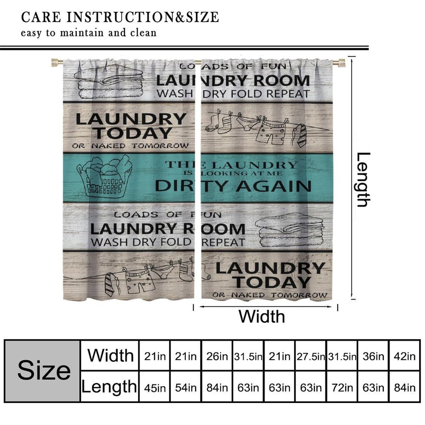 TYVGICZ Laundry Kitchen Curtain Rustic Wash Dry Words Wooden Teal Brown Funny Fun Small Short Window Treatment Tiers for Bedroom Living Room Bathroom Rod Pocket Drapes, 42x45 Inch