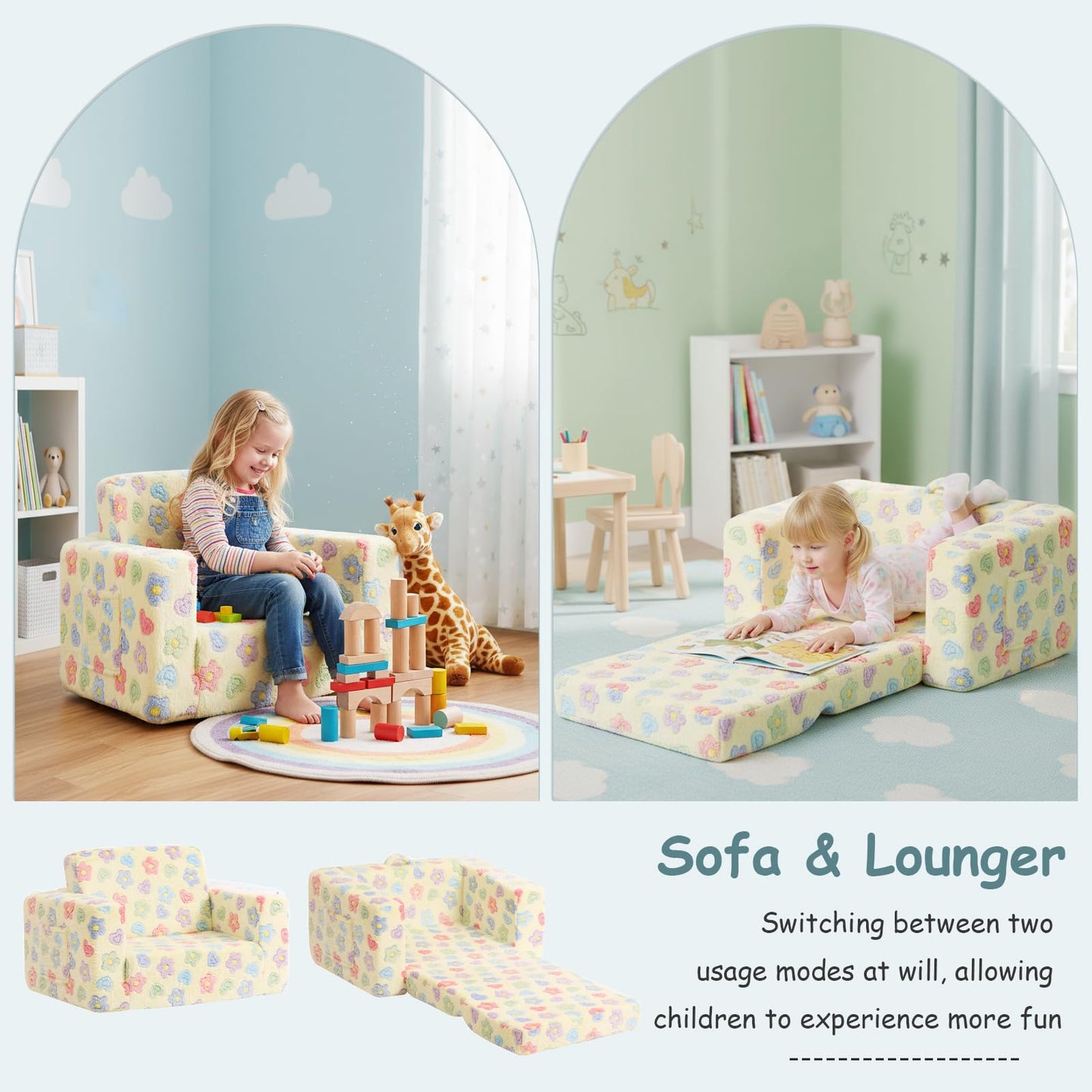 Tiita 2-in-1 Kids Sofa, Convertible Children Couch to Lounger, Flip Out Kids Chair, Toddler Armrest Chair Bed, Folding Kid Play Sofa for Girl or Boy, Flower